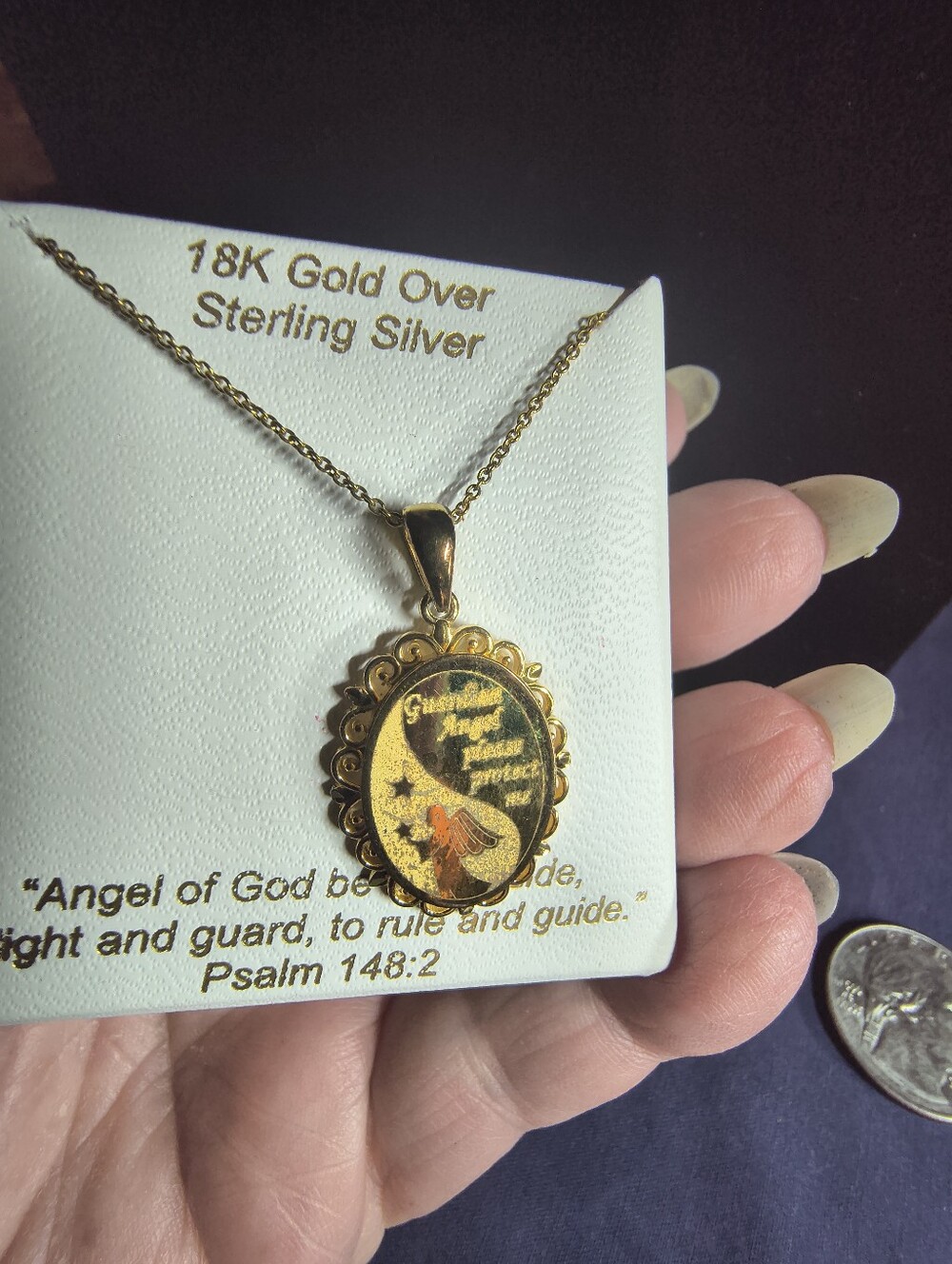 NIB 18K Gold Over Sterling Silver Guardian Angel Pendant Necklace JC Penney 18" - Picture 8 of 11